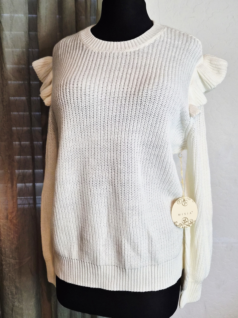 MISIA Cream Ruffle-Shoulder Balloon Sleeve Knit Sweater #0281